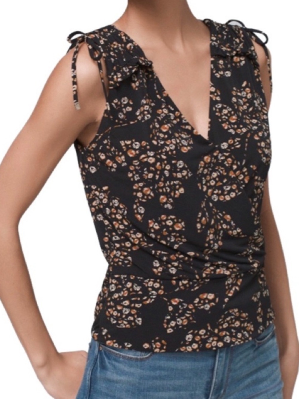 WHBM Sleeveless Blouse Surplice Top Tie Shoulders Poppies Black Tan Size S